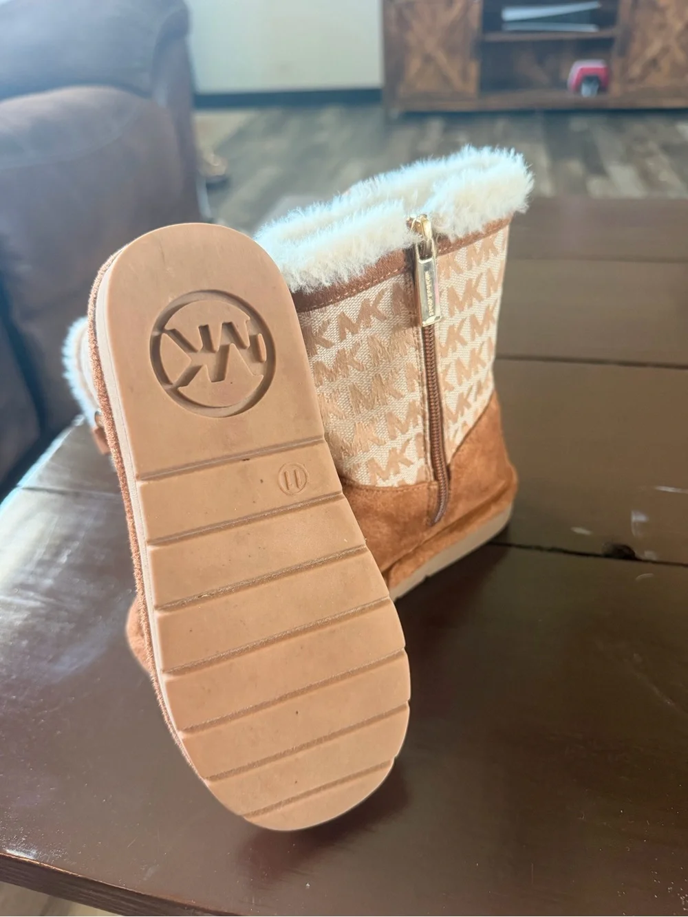 Michael Kors Kids Brown Tan MK Monogram Faux-Fur Boots